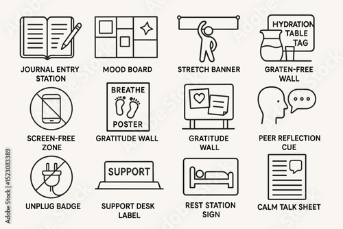 Icons for journal entry, mood board, stretch banner, and more activity stations