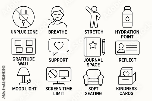 Wellness icons set: unplug, breathe, stretch, hydrate, reflect, kindness
