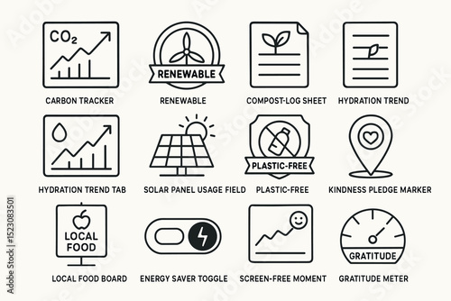 Eco-friendly icons: carbon, renewable, compost, hydration, solar, plastic-free, local food, energy saver, screen-free