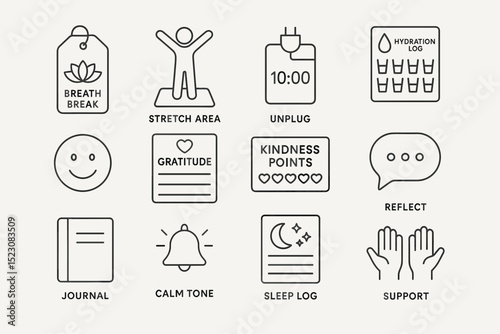 Mental wellness icons: gratitude, stretching, journaling, support, mindfulness