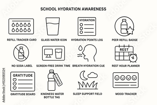 School hydration awareness icons for encouraging healthy habits
