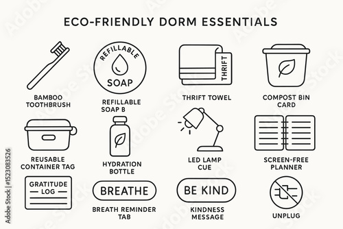 Eco-friendly dorm essentials: sustainable bamboo, refillable soap, compost bin, thrift towel, hydration bottle