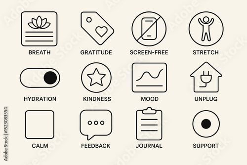 Icons for mindfulness and wellbeing practices including hydration, gratitude, and journaling