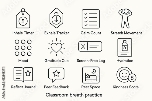 Breath and wellness icons: tracker, mood, movement, hydration, kindness