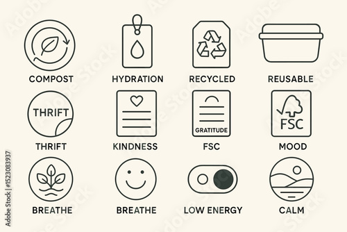 Eco-friendly icons: compost, hydration, recycled, reusable, thrift, kindness