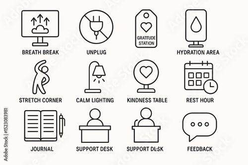Office wellness zone icons: hydration, unplug, kindness, gratitude, journal, feedback, rest