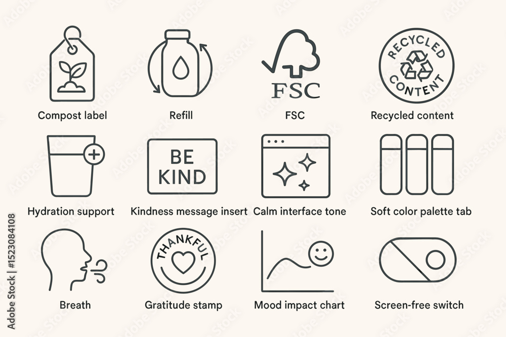 Naklejka premium Eco-friendly icons with labels for sustainability and mindfulness design elements
