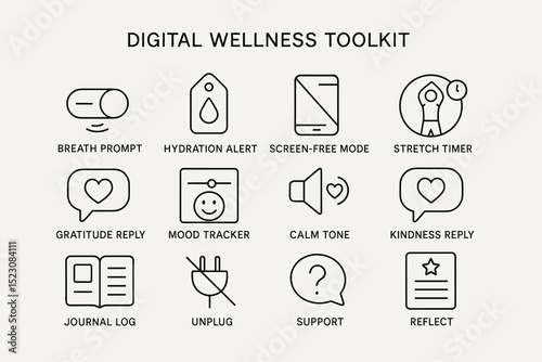 Digital wellness toolkit icons for mindfulness and wellbeing