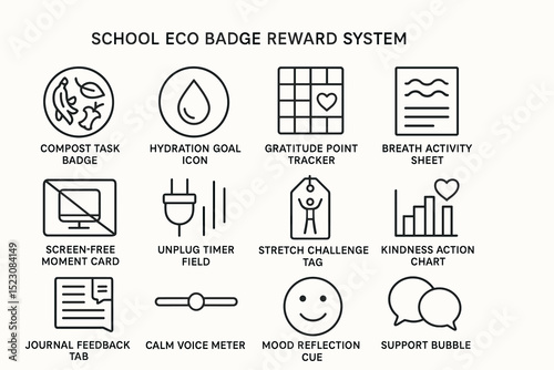 School eco badge reward system icons for student engagement and wellbeing