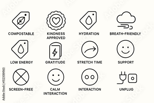 Eco-friendly symbols: compostable, kindness, hydration, breath-friendly, low energy, gratitude, stretch, support