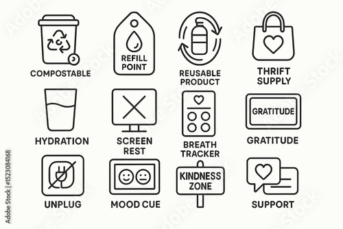 Eco-friendly icons set: recycling, hydration, gratitude, support, kindness zone