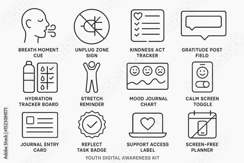 Youth digital awareness kit icons: wellness, mindfulness, and productivity tools