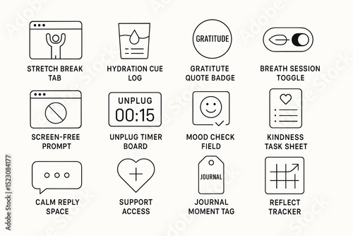 Mindfulness and wellness icons for digital wellbeing