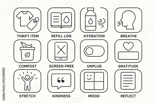 Icons representing eco-friendly actions and wellness practices