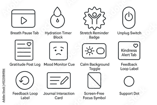 Wellness reminder icons for digital wellbeing and mindfulness