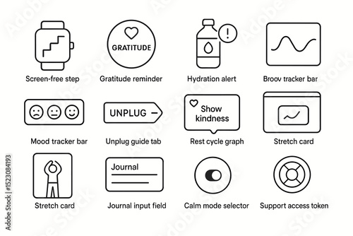 Digital wellness icons: hydration, gratitude, mood tracking, and more