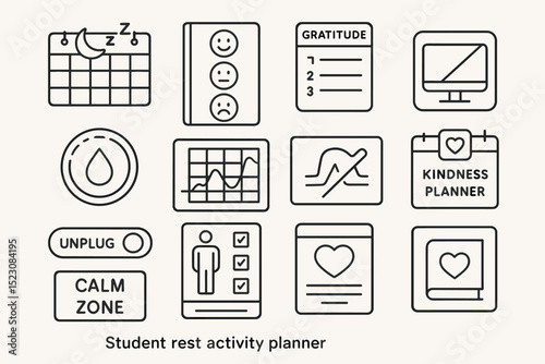 Student rest activity planner with icons for gratitude, kindness, and wellness tracking