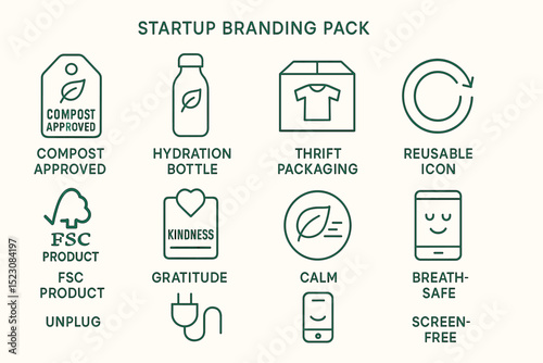 Eco-friendly startup branding pack with reusable icons and sustainability symbols