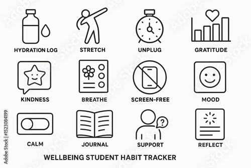 Wellbeing student habit tracker icons: hydration, stretch, unplug, gratitude, kindness, breathe, screen-free, mood, calm, journal, support, reflect