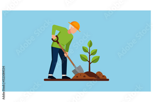 Person Planting Tree Illustration with Shovel for Gardening