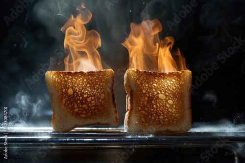 ultra HD visual of Roasted toasts popping out of toaster, isolated on black background