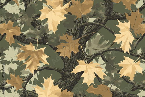 Realistic forest camouflage. Seamless pattern. Trees, branches, green and brown oak leaves. Useable for hunting and military purposes. Hunting camo texture. Abstract camouflage
