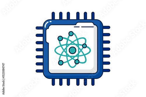 Illustrative Computer Chip with Atom Symbol for Science Concept