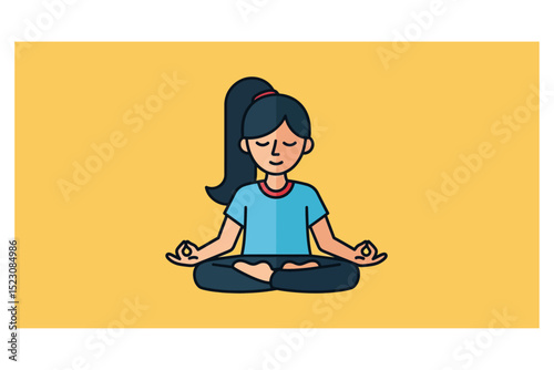 Woman Meditating in Lotus Position Cartoon Illustration