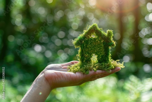 Clear Pixel Visual of Hand Holding Eco House Icon in Nature