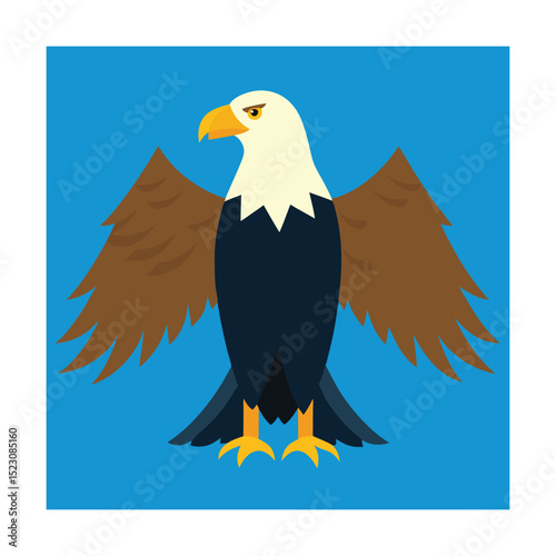 Vector illustration of a proud bald eagle with spread wings against a blue background