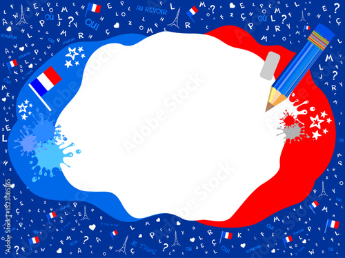 A french background with a large frame for your message. Preschool Diploma certificate background design template, Diploma template for kindergarten students.Made in France. French tricolor. 