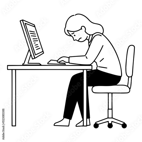 Sick person working at a desk, feeling unwell, minimalistic style, black and white for office concepts