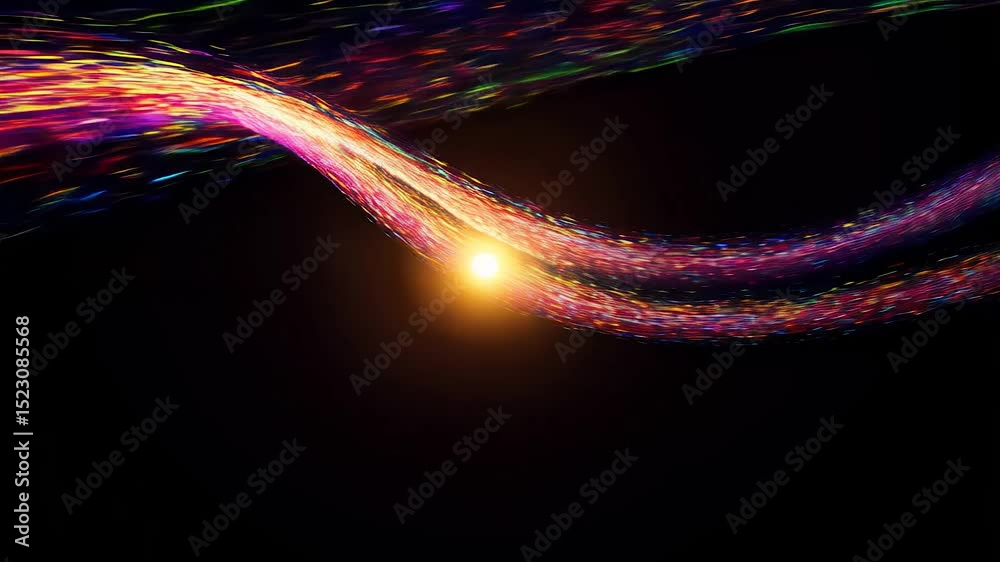 Abstract stream of bright multicolored energy particles on black background - sci-fi visual effect and motion design
