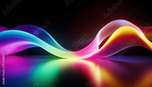  vibrant multicolor neon lightwave curve on black background with glossy reflection for modern web design, tech branding, abstract print, or futuristic digital interface concept
