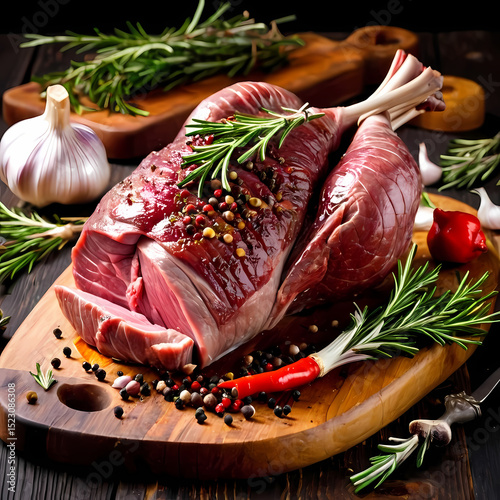 Fresh raw lamb leg prepared for roasting on wooden board. Garlic cloves peppercorns sprigs rosemary ingredients 