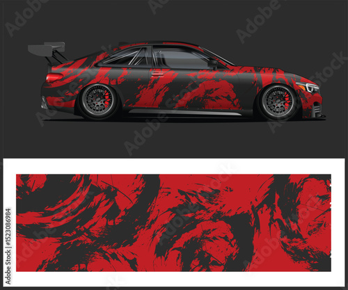 Red and Black Abstract Car Wrap Design for Racing