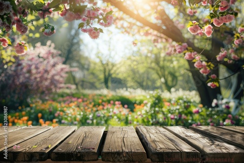 An Empty Wooden Table Top Overlooking a Blooming Spring Garden  Blurred Background