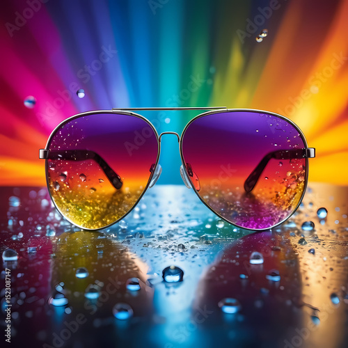 Sleek aviator sunglasses on colorful burst background. Modern product photo with water drops, vibrant lighting, artistic visual.  