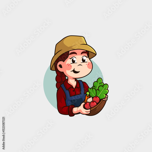 cartoon mascot logo of a woman who works as a farmer harvesting and showing off fresh vegetables