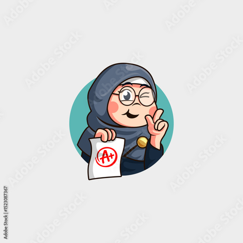 cute cartoon mascot logo of a Muslim female teacher in a hijab who gives advice on giving good grades in lessons