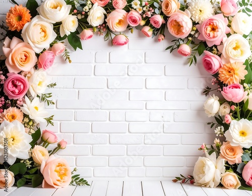 Floral arch on white brick wall