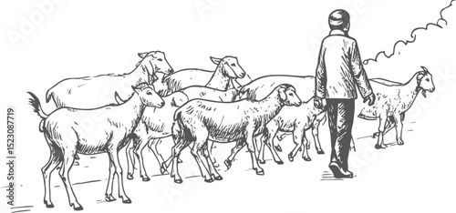 Hand Drawn Shepherd Leading Flock of Sheep and Goats