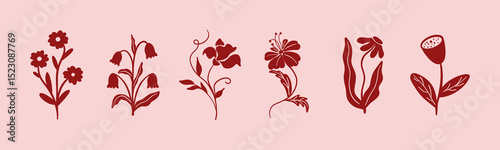 Set of abstract cut-out flower and leaf shape. Floral papercut blossom doodle elements, minimal organic blossom stickers. Vector blooming plant collection