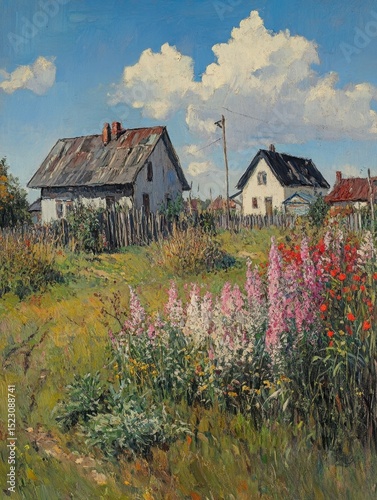 ultra quality image of plants growing on field by houses against sky