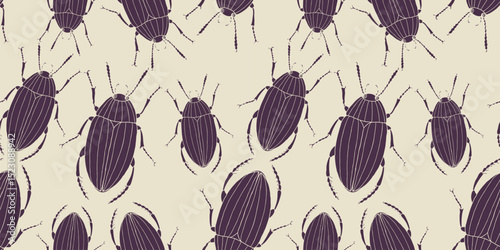 Seamless pattern of silhouettes beetles insects, vector background, paper, wallpaper, textile