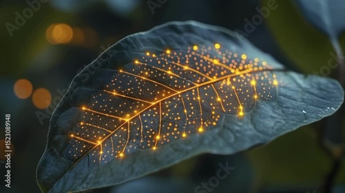 A close-up of a leaf with tiny solar cells on it, symbolizing biomimicry in renewable energy design. Detailed textures highlight the cells integrated into the leaf veins