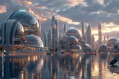 Futuristic City with Domed Buildings and Water Reflections Under a Serene Sky at Dusk