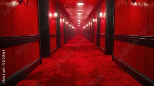 Red hotel hallway, long perspective