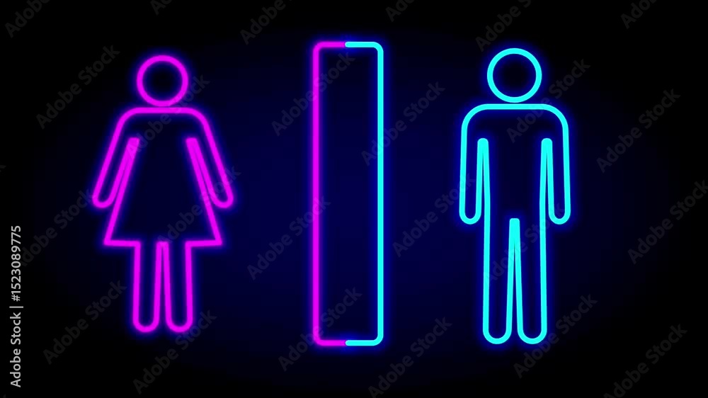 A pair of glowing neon restroom signs representing male and female gender symbols, often seen in public spaces or facilities digitally