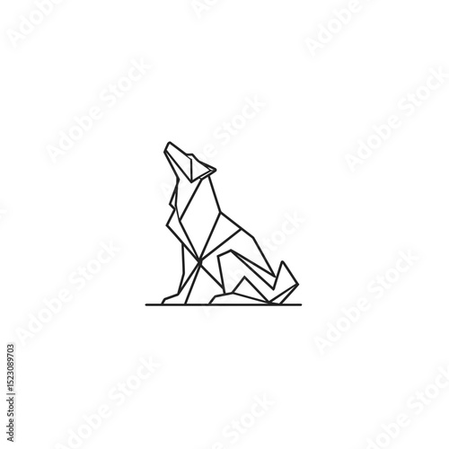 Geometric wolf sits howling line art simple design white background